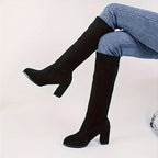 Bottes Hautes Femme Extensibles Aspect Daim, Talon Bloc, vue 3