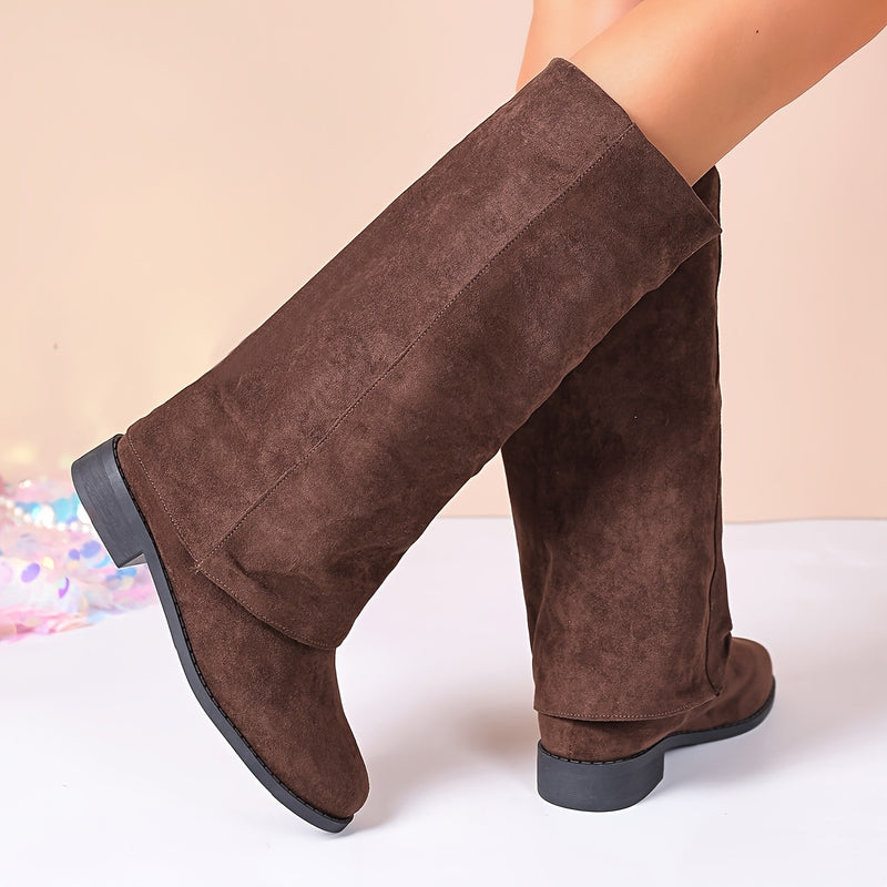 Bottes Plates Femme à Revers, Aspect Daim – coloris café, vue 2