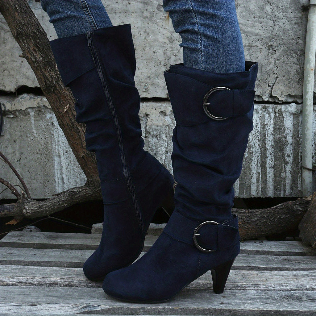 Bottes Femme Hautes, Brides à Boucle, Aspect Suédé – coloris bleu marine, vue 2