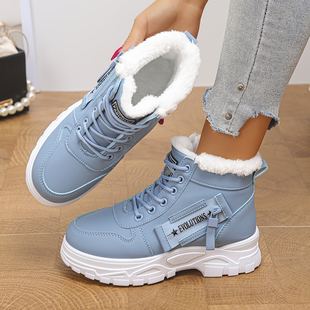 Bottes Fourrées Femme Style Basket, Similicuir, Lacets – coloris bleu ciel