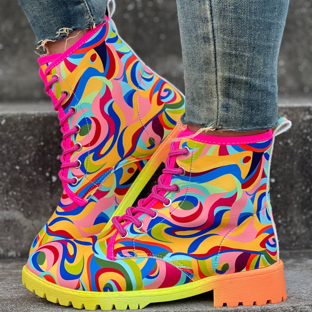 Bottes Rangers Femme à Lacets, Tissu Imprimé – coloris multicolore