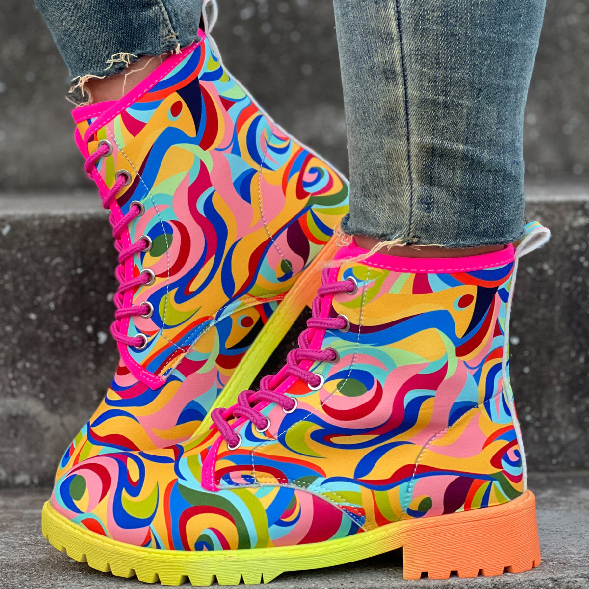 Bottes Rangers Femme à Lacets, Tissu Imprimé – coloris multicolore