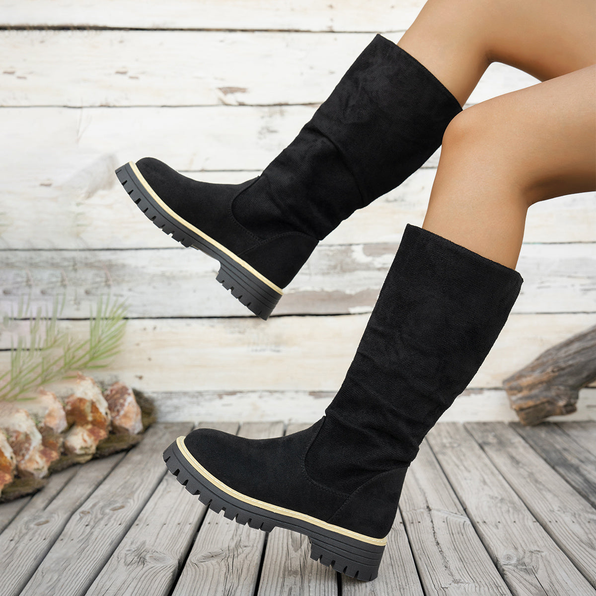 Bottes Plateforme Femme Mi-Mollet Tombantes, Aspect Daim – coloris noir