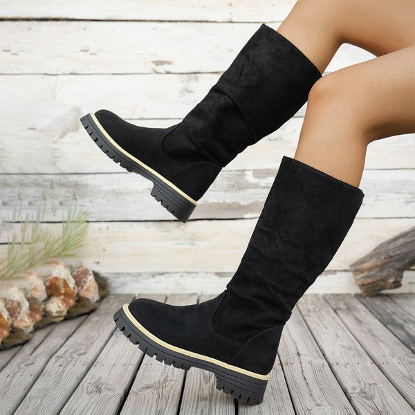Bottes Plateforme Femme Mi-Mollet Tombantes, Aspect Daim – coloris noir