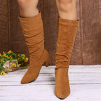 Bottes Hautes Talon Femme, Aspect Daim, Tige Plissée, vue 8