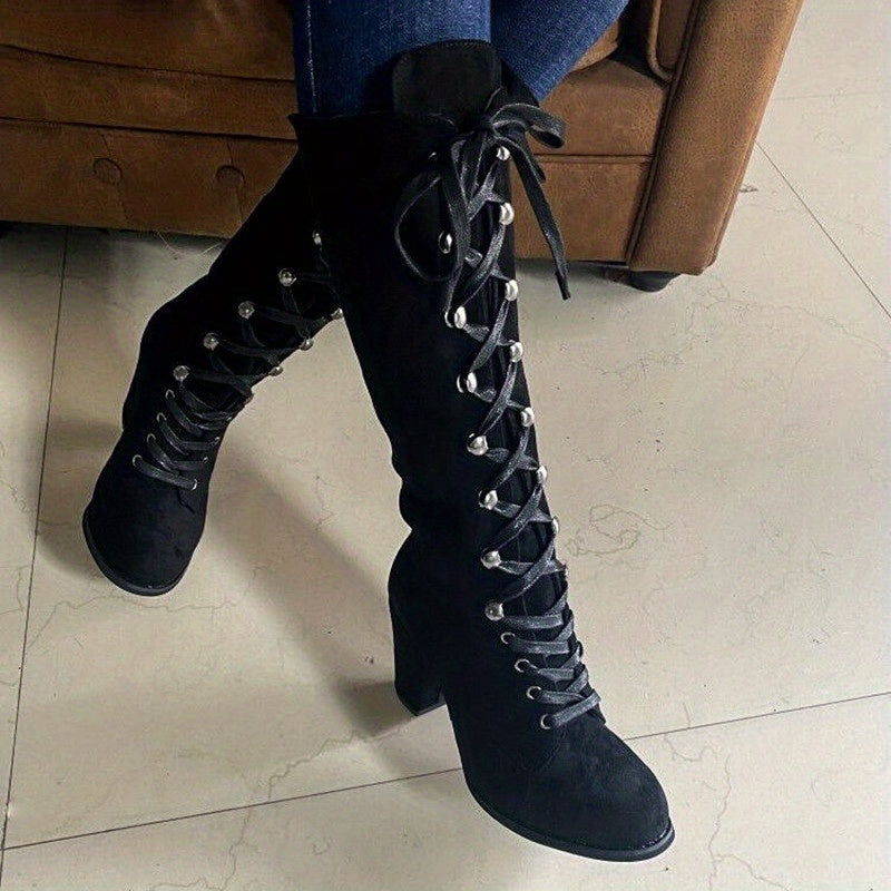 Bottes Hautes Femme à Lacets, Talon Bloc – coloris noir, vue 5