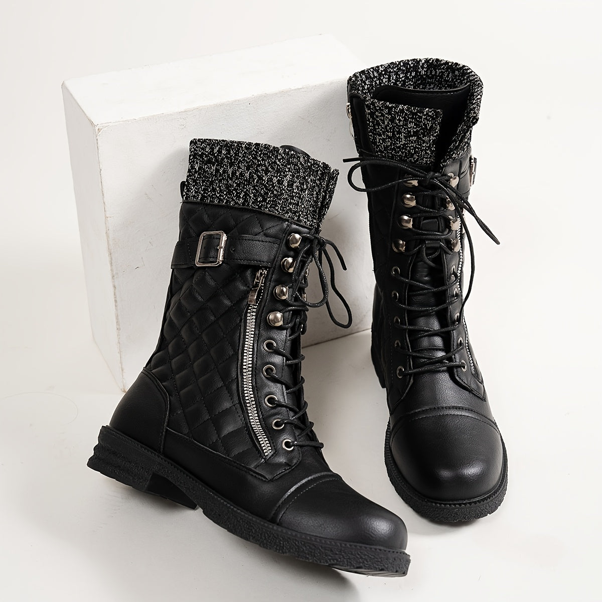 Bottes à Lacets Femme Matelassées, Similicuir, Col Tricot – coloris noir