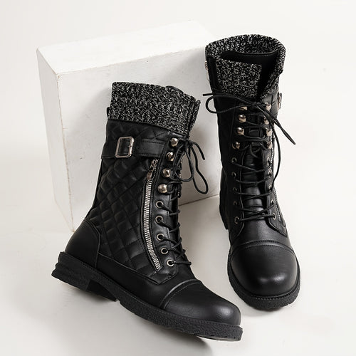 Bottes à Lacets Femme Matelassées, Similicuir, Col Tricot – coloris noir