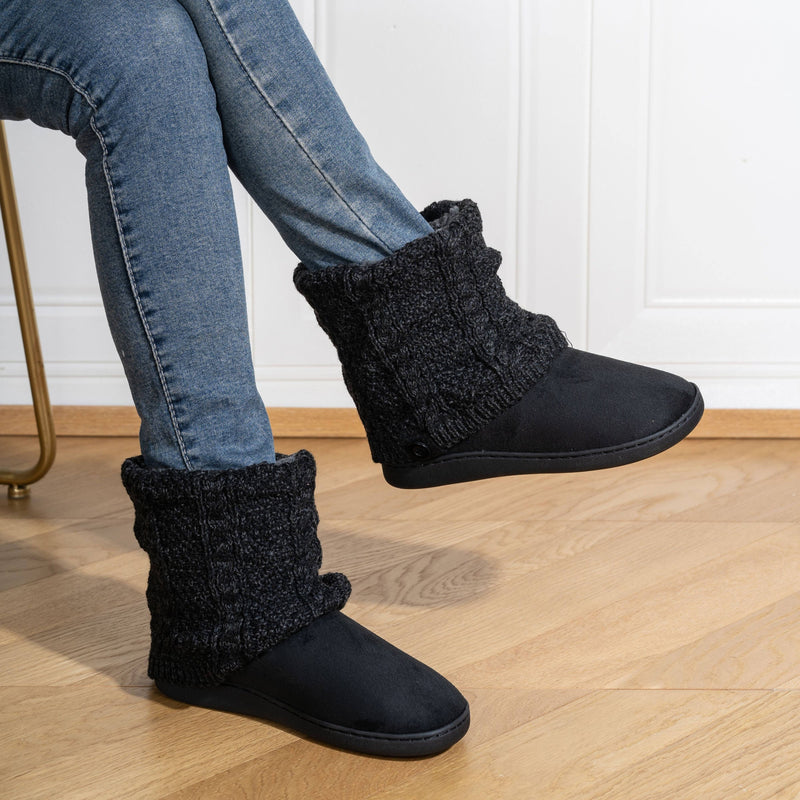 Chausson Botte Femme Maille Torsadée, Doublure Peluche – coloris noir