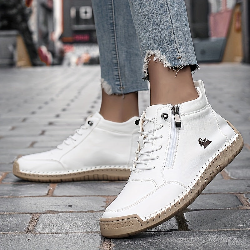 Bottines Plates Femme Similicuir, Lacets et Zip, vue 3