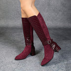 Bottes Hautes Femme Aspect Daim, Empiècement Effet Croco