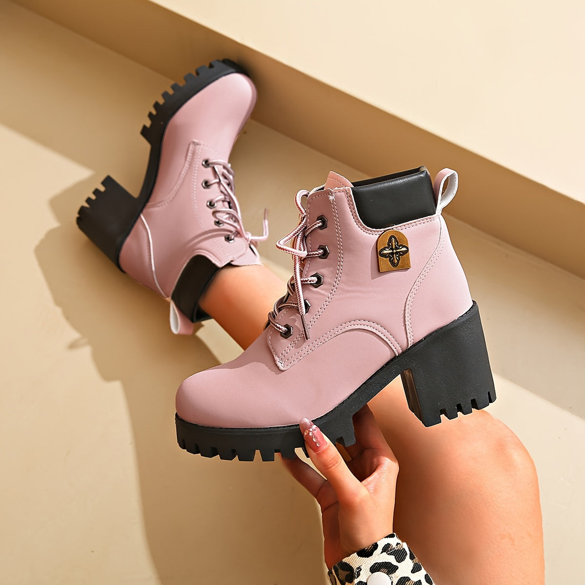 Bottes à Lacets Femme, Talon Haut Cranté, 5 Coloris – coloris rose rouge