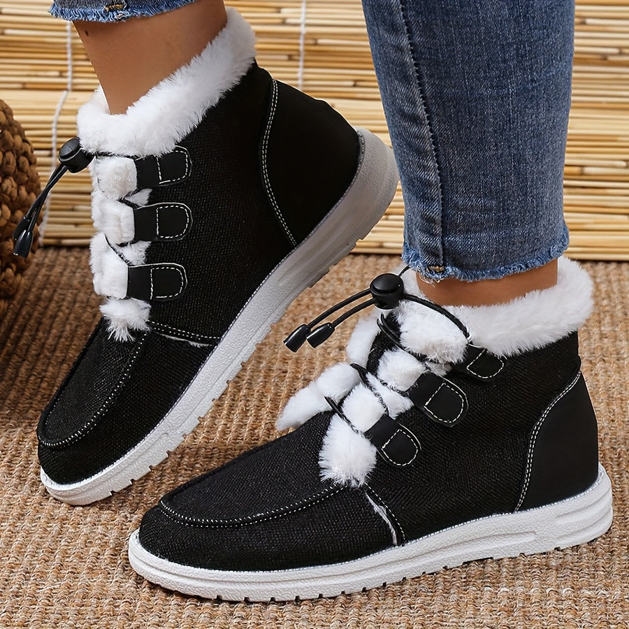 Bottes Fourrées Femme Courtes en Tissu, Lacets Élastiques, vue 2