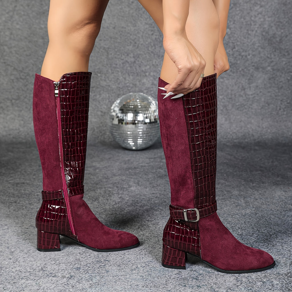 Bottes Hautes Femme Aspect Daim, Empiècement Effet Croco, vue 2