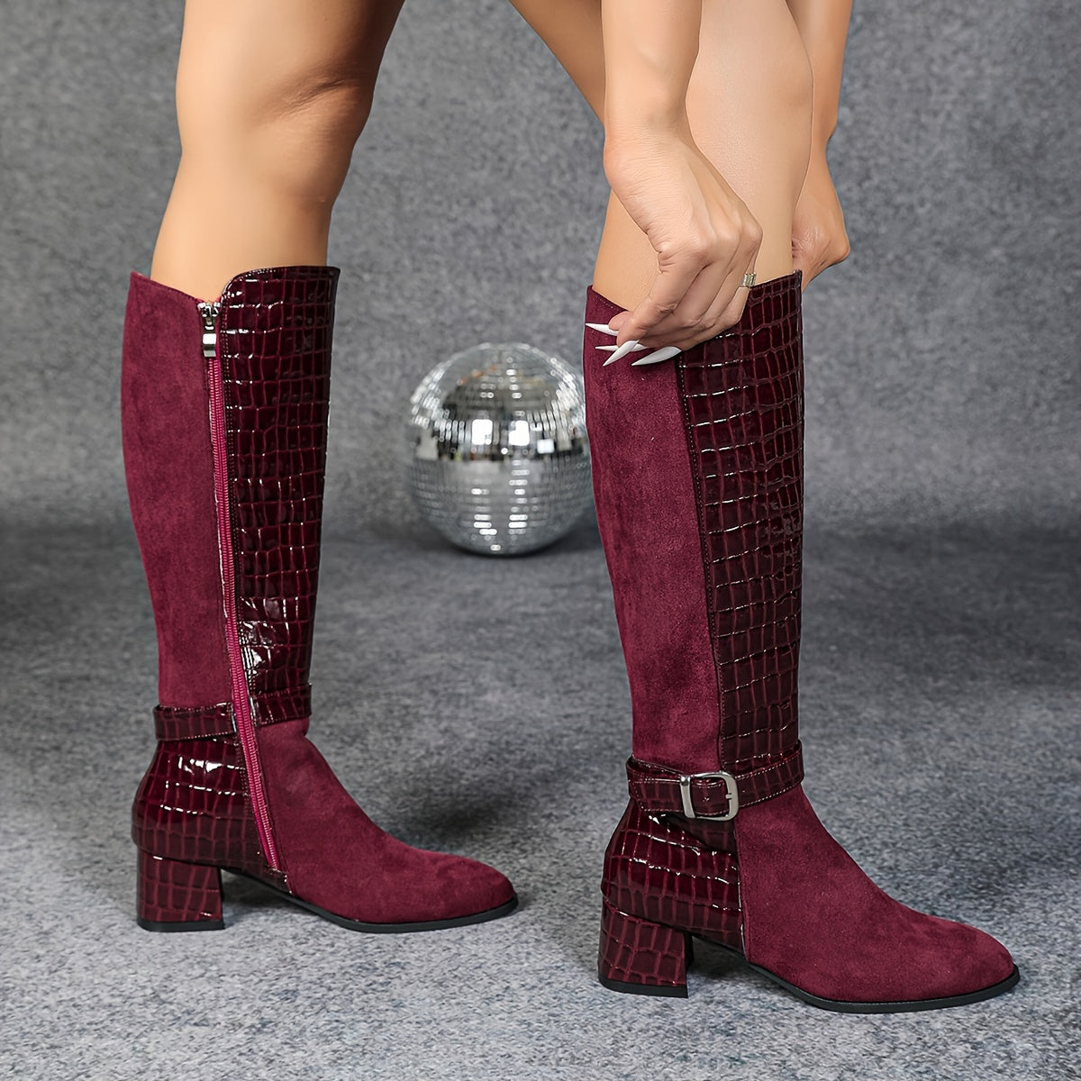 Bottes Hautes Femme Aspect Daim, Empiècement Effet Croco, vue 2
