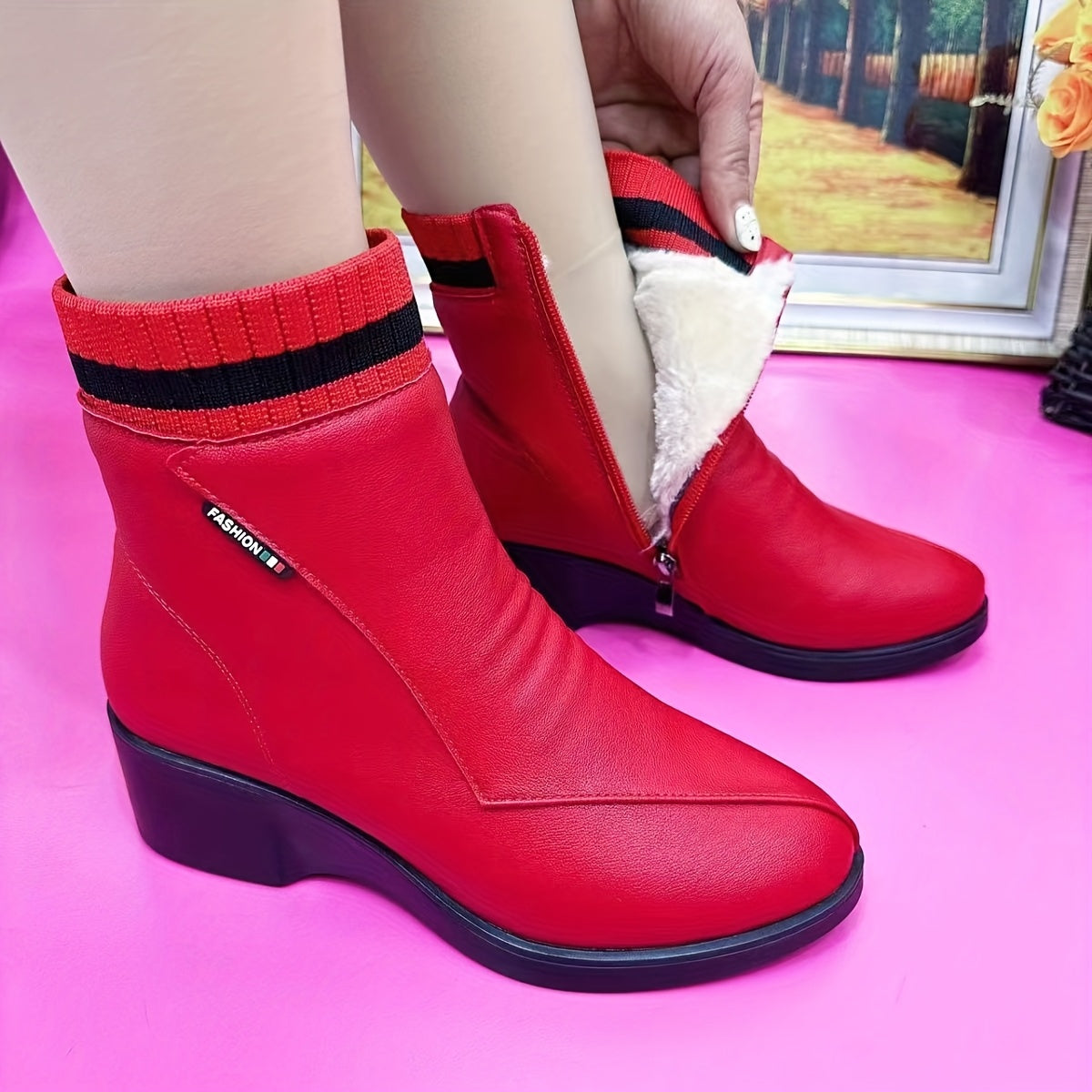 Bottines Compensées Femme, Doublure Peluche, Col Côtelé, vue 3