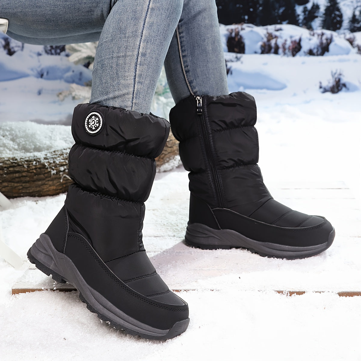 Bottes Fourrées Femme en Tissu Matelassé, Zip – coloris noir