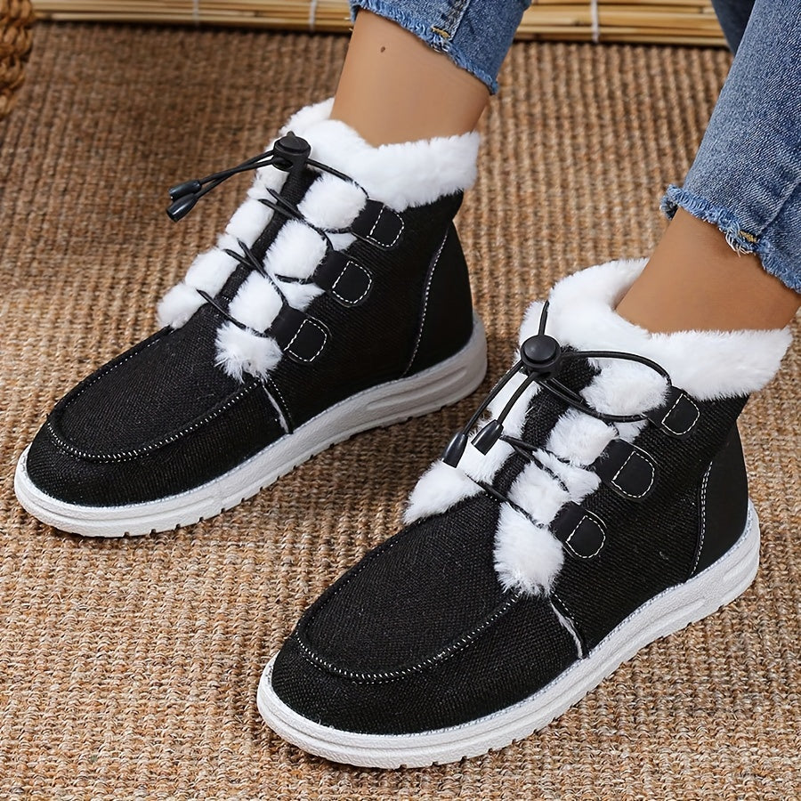 Bottes Fourrées Femme Courtes en Tissu, Lacets Élastiques, vue 3