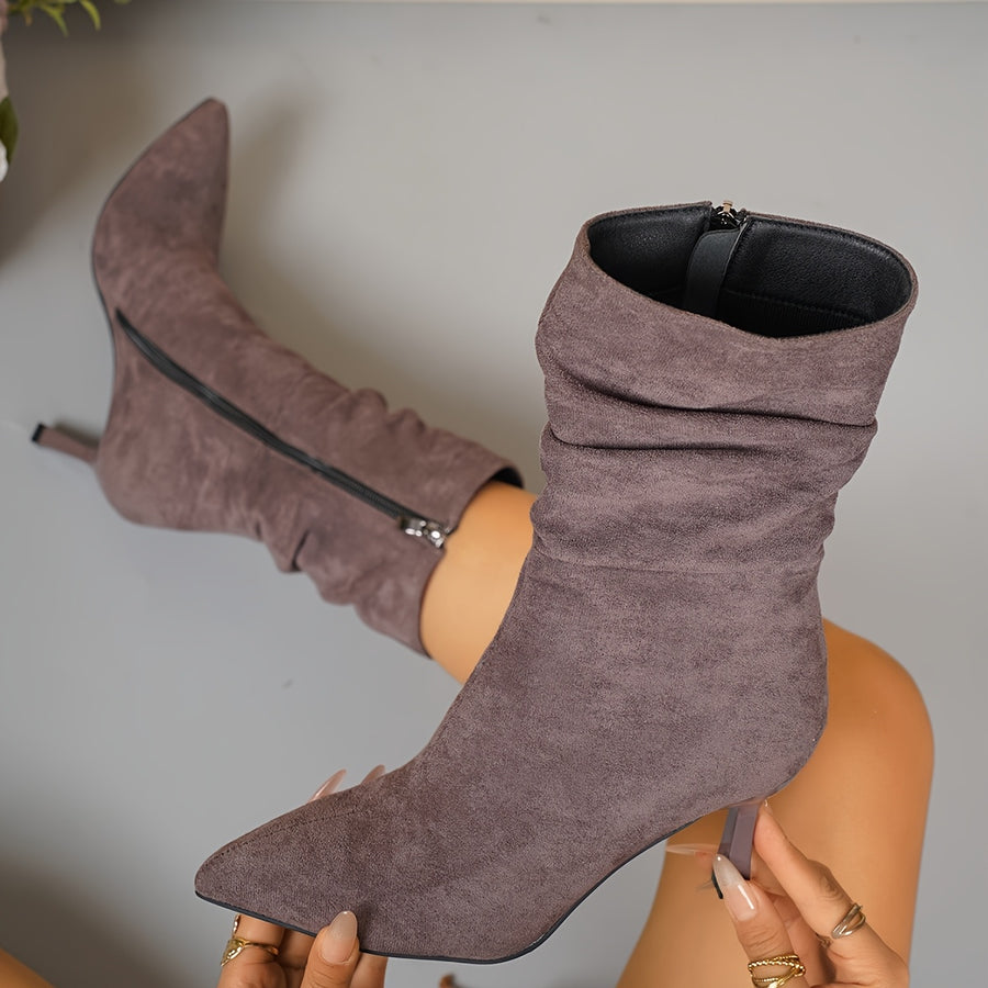 Bottes Daim Femme, Talon Fin Plissé – coloris gris foncé