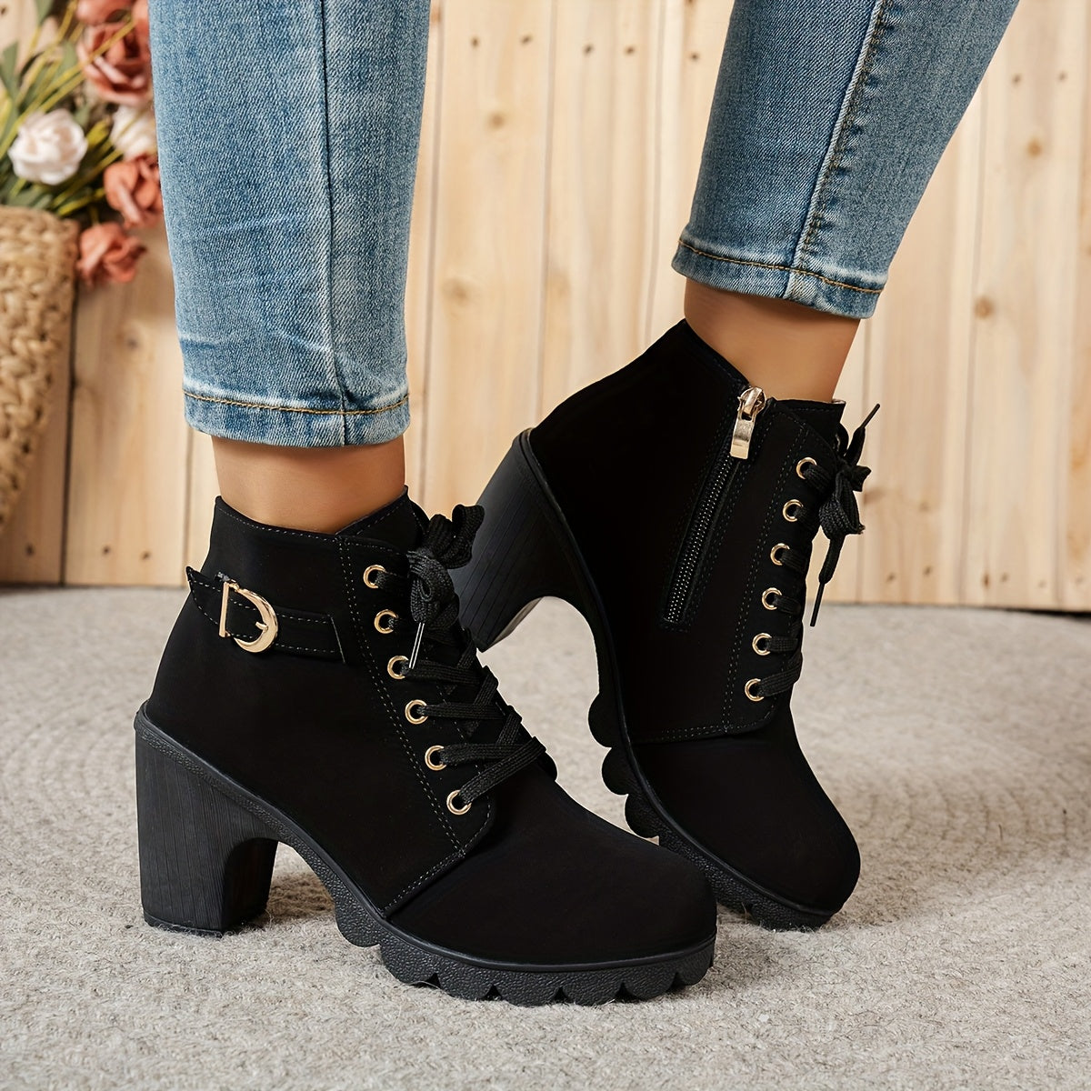 Bottines à Lacets Femme Similicuir, Talon Haut, Boucle – coloris noir