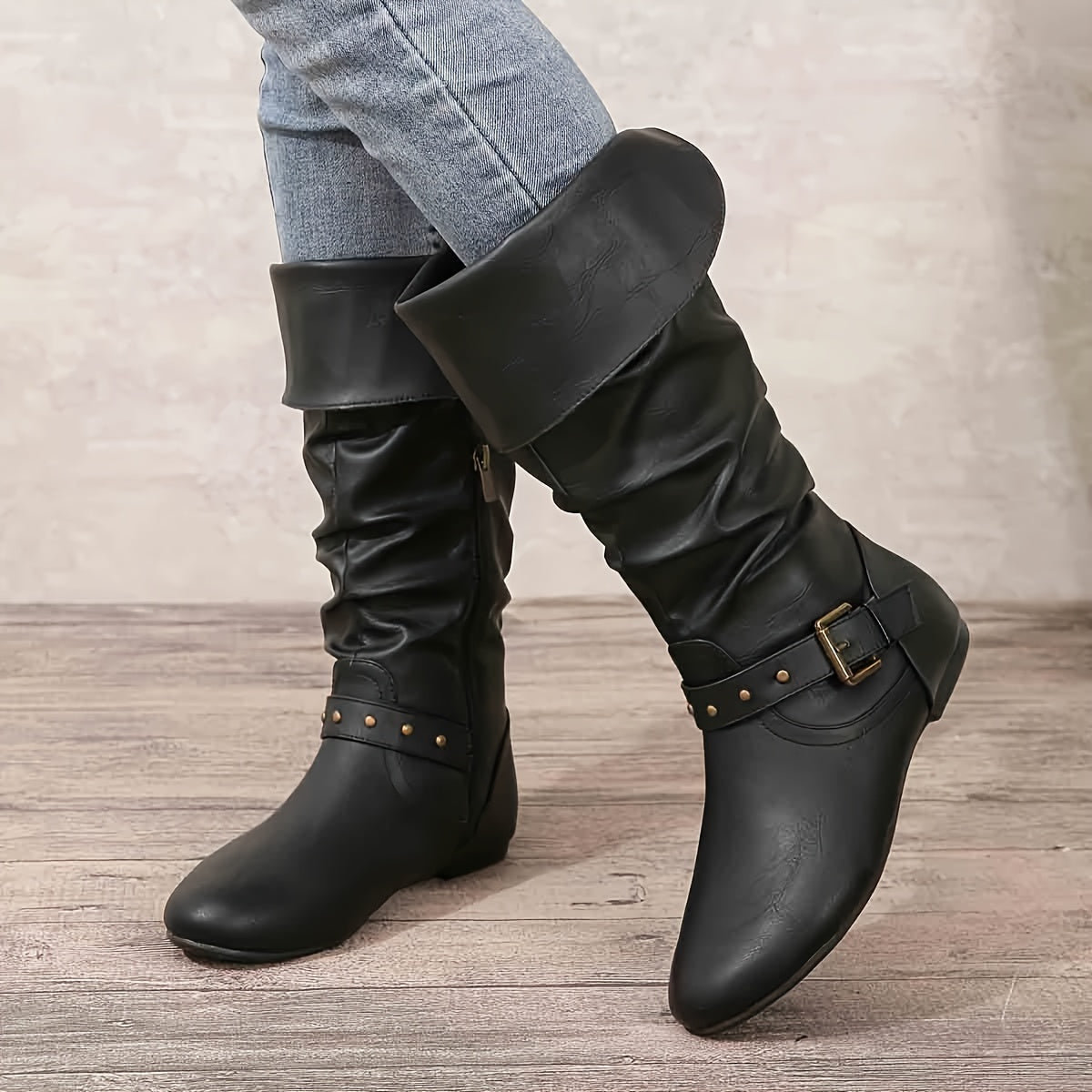 Bottes Motardes Femme Similicuir, Tige Froncée à Boucles, vue 9