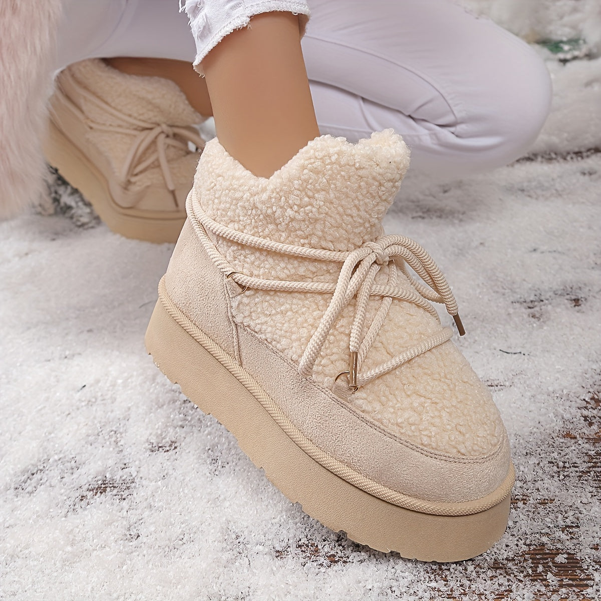 Bottines Fourrées Femme Plateforme, Peluche, Lacets Noués, vue 3
