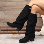 Bottes Hautes Femme à Revers, Aspect Daim, Talon Bloc – coloris noir