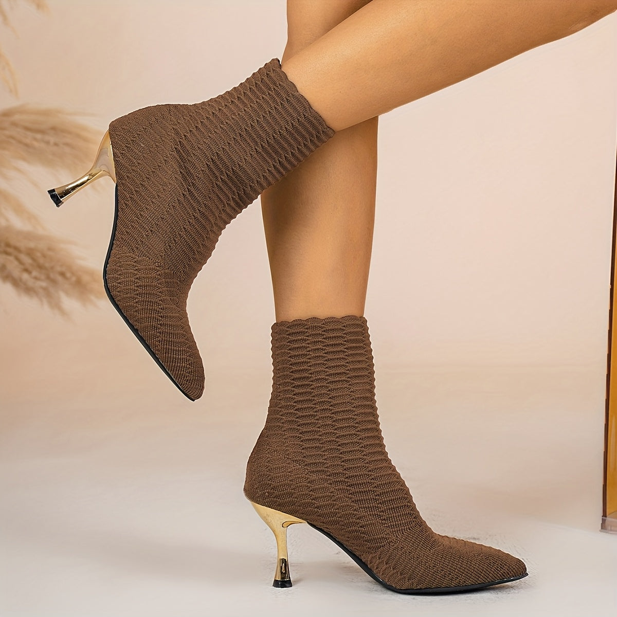 Bottes Chaussettes Femme Maille Texturée, Talon Doré, vue 3