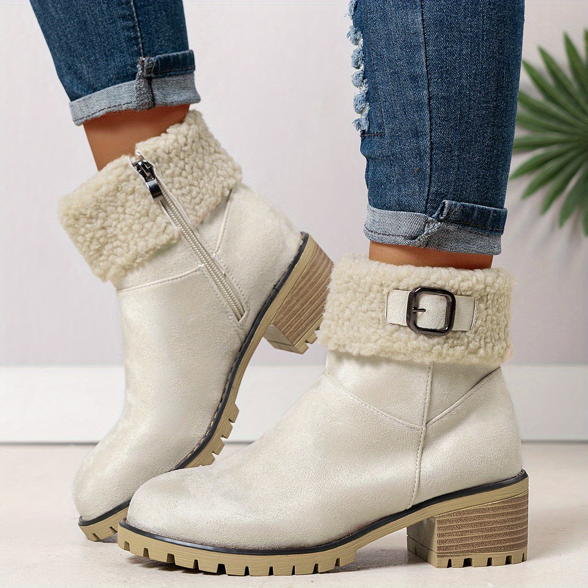 Bottes Fourrées Femme Courtes, Col Sherpa, Aspect Daim, vue 9