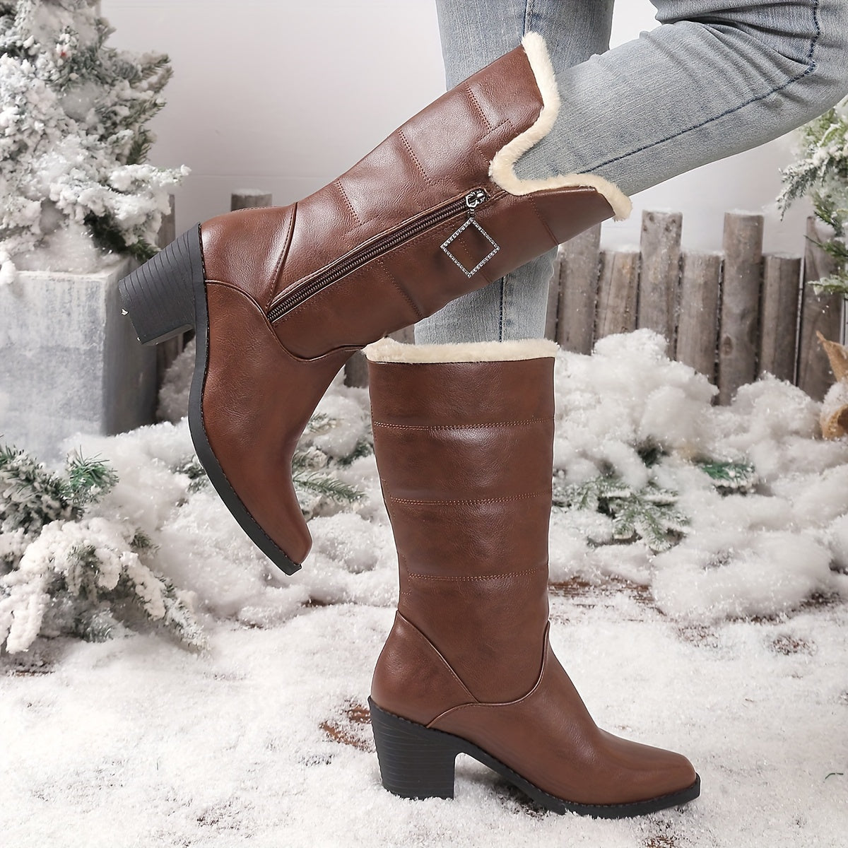 Bottes Mi-Hautes Femme Similicuir, Col Fourrure, Talon Bloc, vue 2