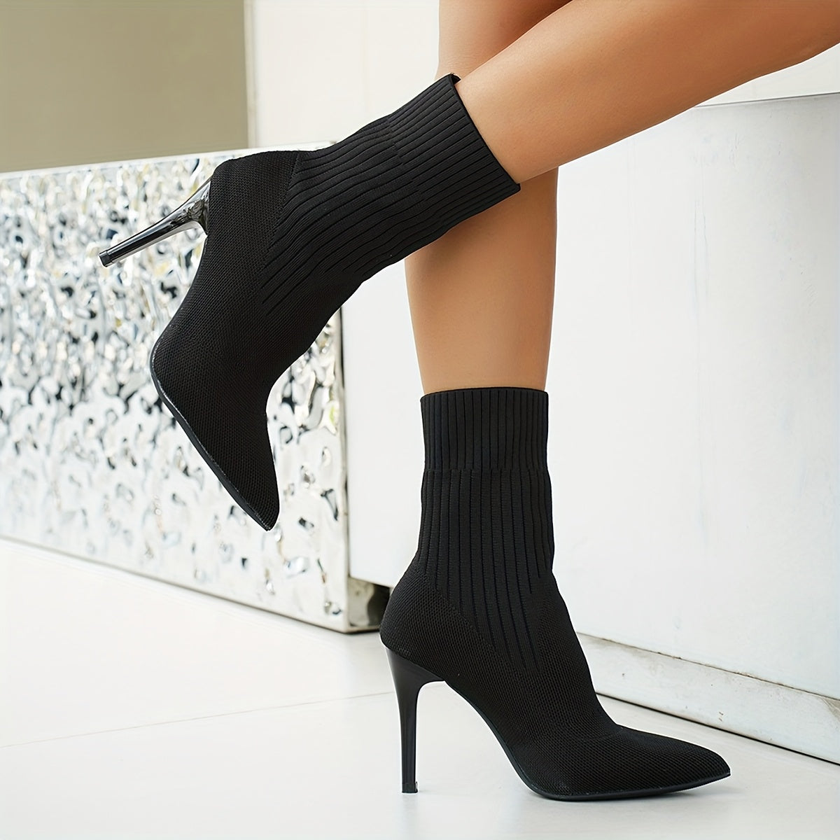 Bottines Chaussettes Femme Talon Aiguille, Maille, vue 5