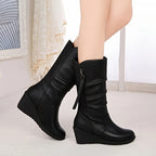 Bottes Compensées Femme Mi-Mollet, Similicuir Noir Froncé, vue 4