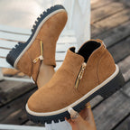 Bottines Femme Aspect Daim, Double Zip, Semelle Crantée – coloris camel