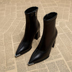 Bottines Femme Similicuir, Talon Haut, Bout Pointu Métal
