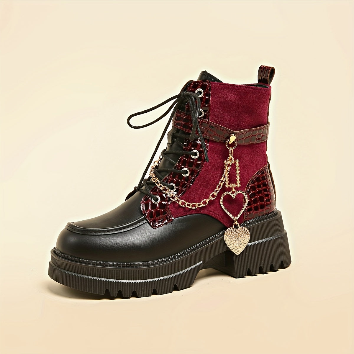 Bottes à Lacets Femme Similicuir Bordeaux et Noir, Chaîne Cœur – coloris bordeaux et noir