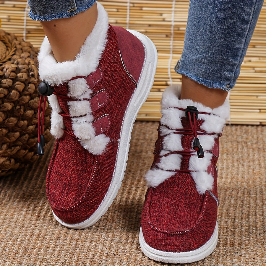 Bottes Fourrées Femme Courtes en Tissu, Lacets Élastiques – coloris rouge