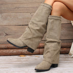 Bottes Hautes Femme à Revers, Aspect Daim, Talon Bloc – coloris beige
