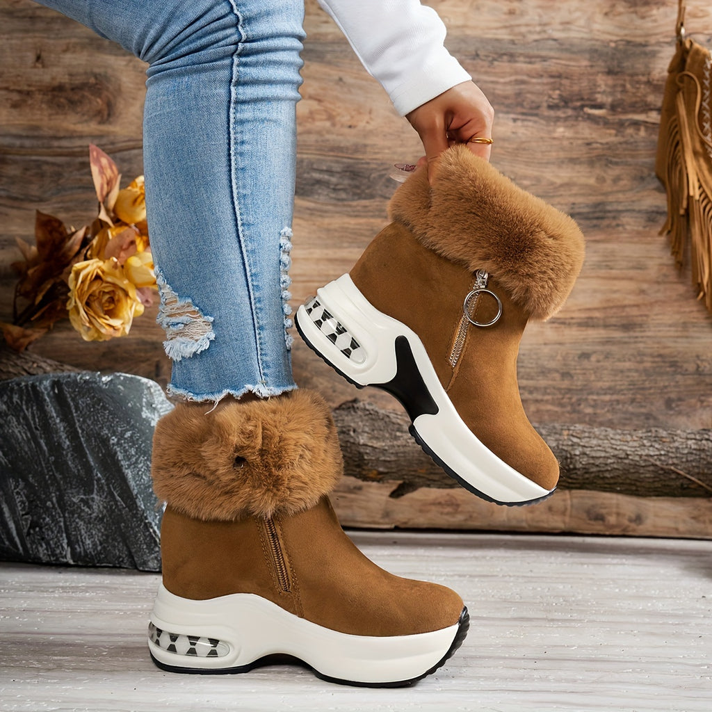 Bottines Plateforme Effet Daim, Col Fausse Fourrure, vue 12