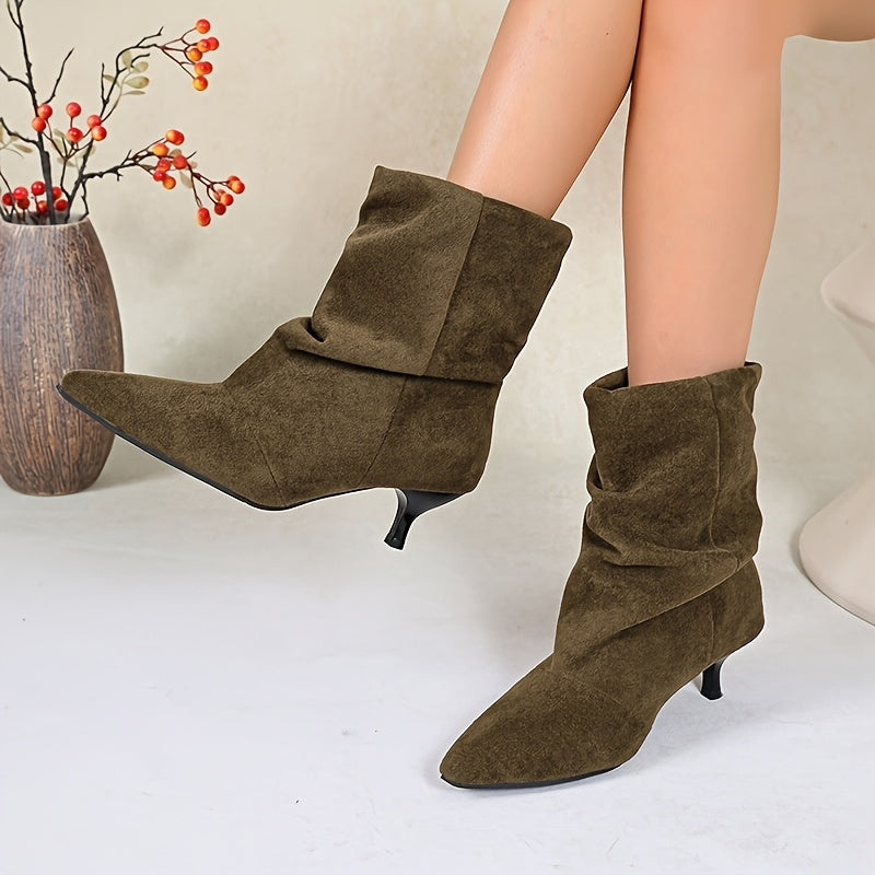 Bottines Plissées Femme Aspect Daim, Bout Pointu – coloris kaki