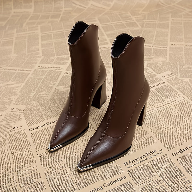 Bottines Femme Bout Pointu Métal, Talon Bloc, Doublure au Choix – coloris marron, doublure peluche