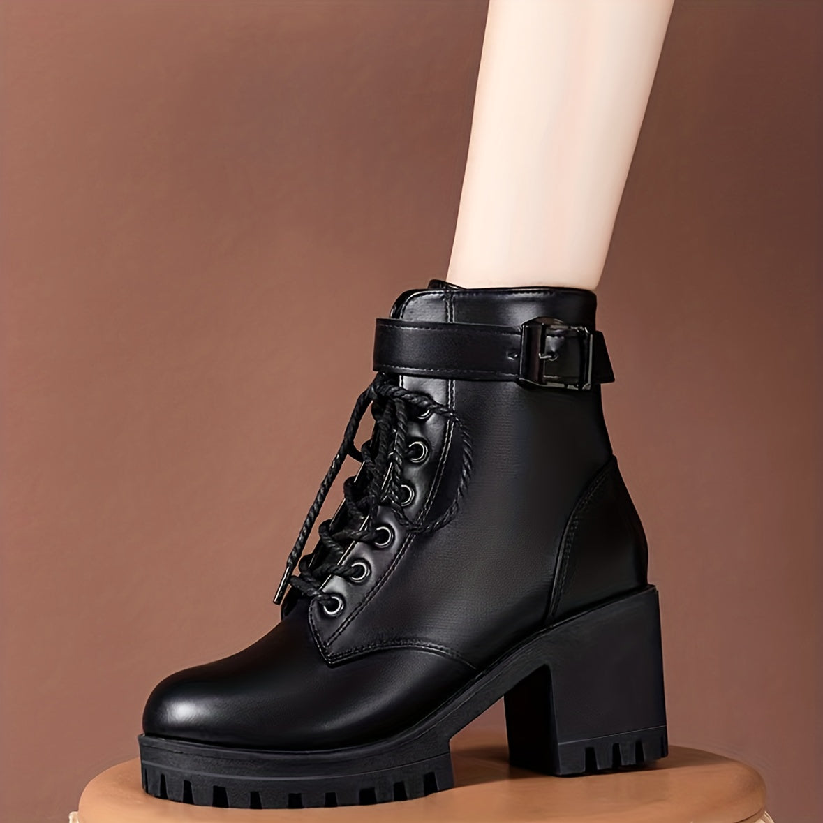 Bottes à Lacets Femme Similicuir, Sangle à Boucle, vue 3