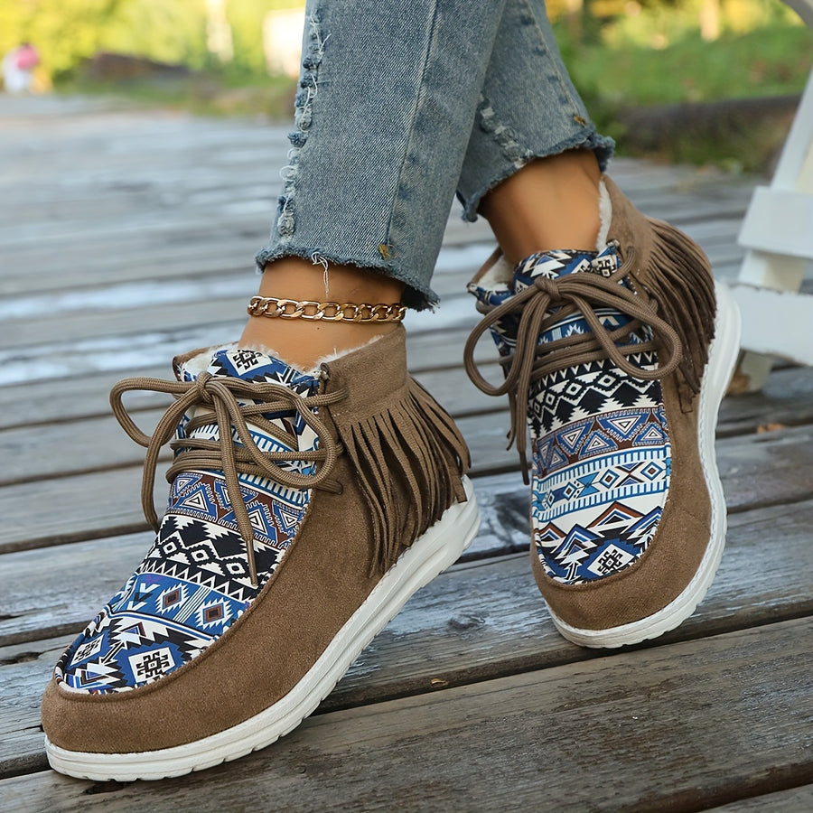 Bottines Mocassin Femme, Franges et Imprimé Aztèque – coloris kaki