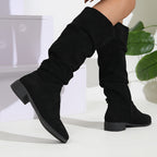 Bottes Plates Femme Hautes, Aspect Daim, Tige Froncée – coloris noir