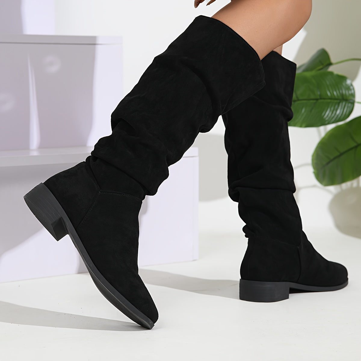 Bottes Plates Femme Hautes, Aspect Daim, Tige Froncée – coloris noir
