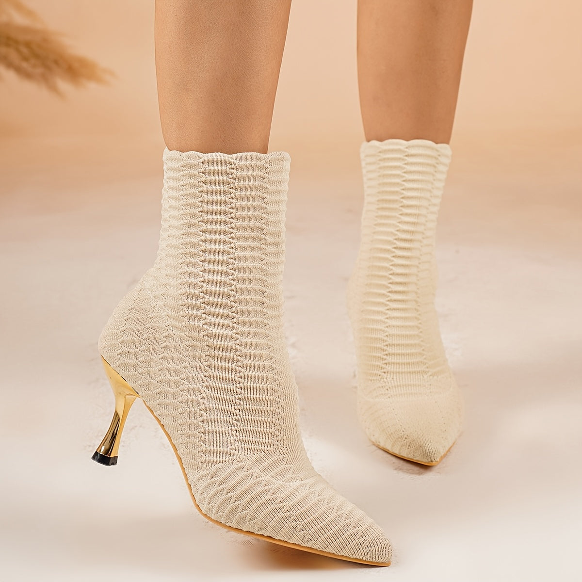 Bottes Chaussettes Femme Maille Texturée, Talon Doré, vue 11