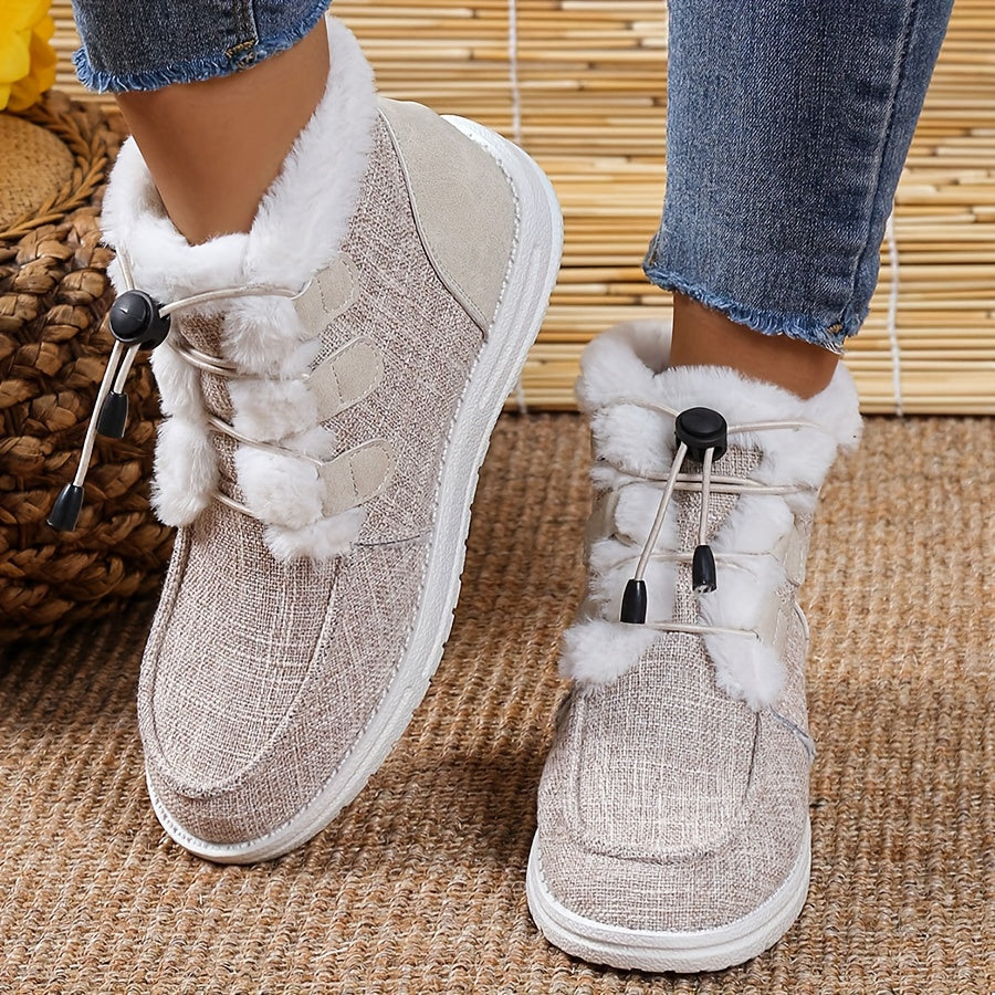 Bottes Fourrées Femme Courtes en Tissu, Lacets Élastiques – coloris beige