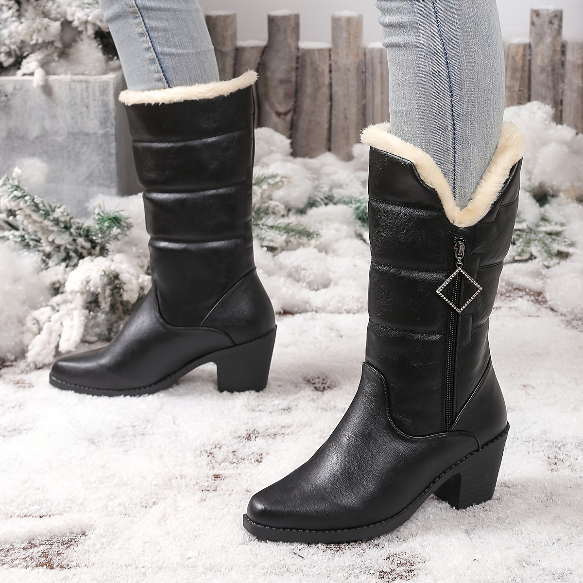 Bottes Mi-Hautes Femme Similicuir, Col Fourrure, Talon Bloc – coloris noir, vue 2