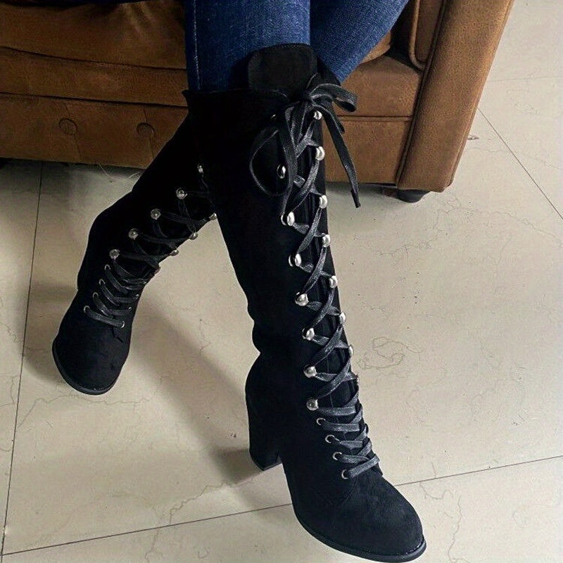 Bottes Hautes Femme à Lacets, Talon Bloc – coloris noir