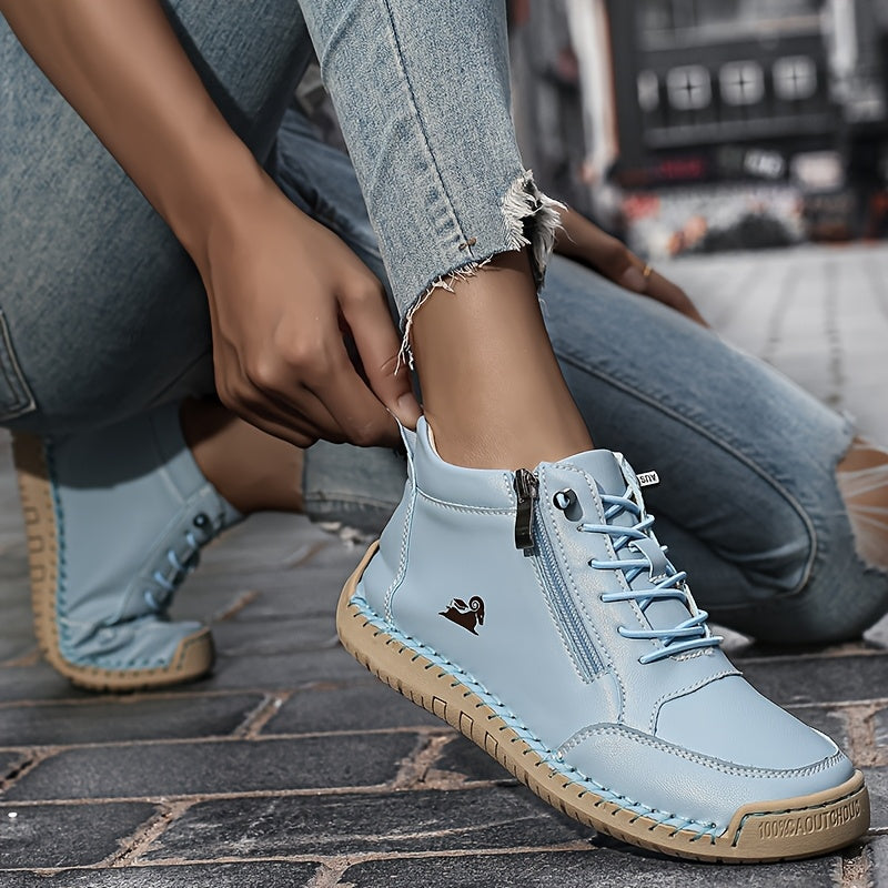 Bottines Plates Femme Similicuir, Lacets et Zip, vue 6