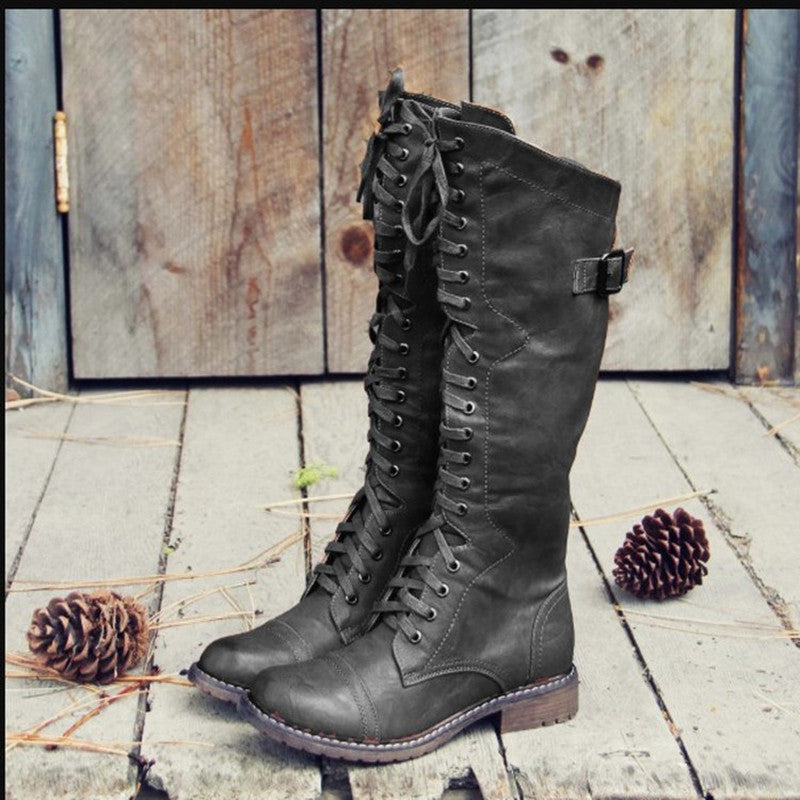 Bottes Hautes Femme à Lacets Similicuir, Sangle à Boucle – coloris noir